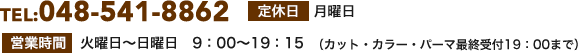 TEL:048-541-8862 定休日:毎週月曜日 営業時間:火曜日～日曜日　9:00～19:15 （カット・カラー・パーマ最終受付19:00まで）